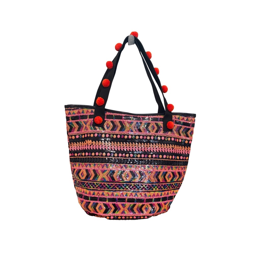 Circus by Sam Edelman Tote Bag Sequin Pom Pom OS Multi Color Excellent Geometric